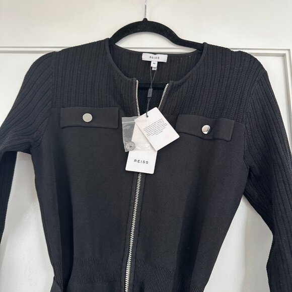 NWT Reiss Emily Knitted Mini Dress Medium in Black Collarless Front Zip w/ Belt - Picture 8 of 11